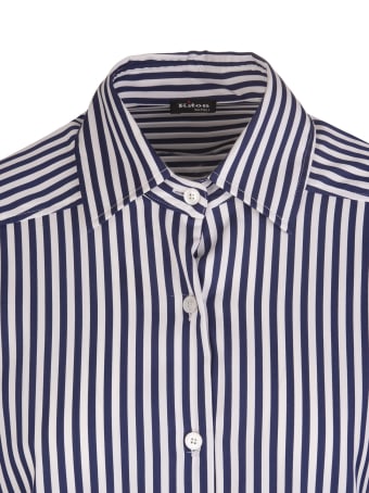 Kiton Navy Blue/white Cotton-blend Striped High-low Shirt