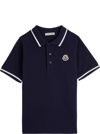 Moncler Blue Cotton Polo Shirt With Logo Patch