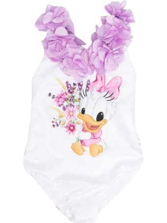 Monnalisa Costume Intero Bianco E Glicine Con Stampa Paperina