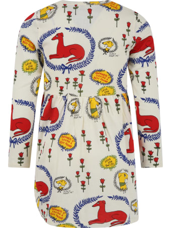 Mini Rodini Ivory Dress For Girl With Dogs And Flowers