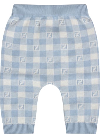 Fendi Light Blue And Ivory Pant With Double Ff For Baby Boy
