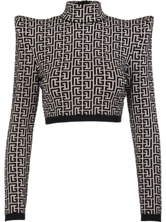 Balmain Short Top In Two-tone Jacquard With Monogram And Structured Straps