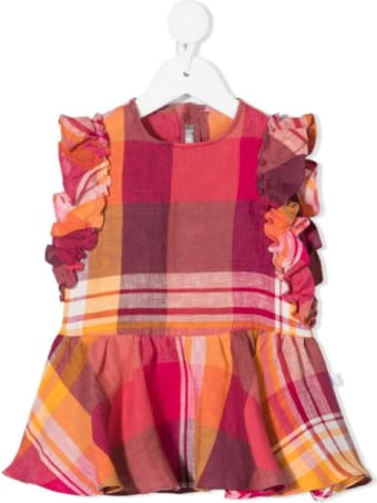 Il Gufo Newborn Red And Orange Madras Linen Dress