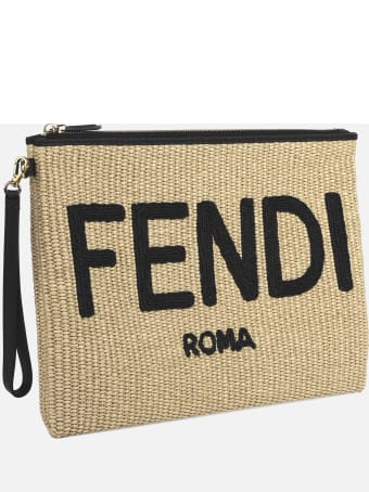 Fendi Clutch Bag In Woven Raffia With Contrasting Logo Lettering
