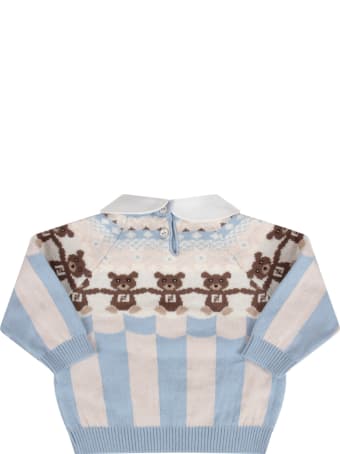 Fendi Light Blue And Beige Sweater With Bears For Baby Boy