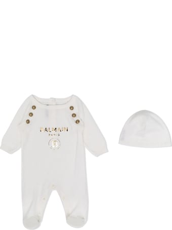 Balmain Newborn White Romper With Cap And Golden Logo