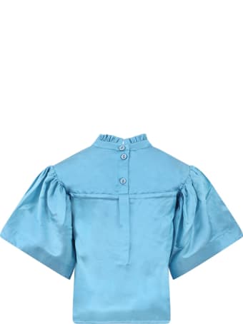 Raspberry Plum Light Blue''hannah'' Blouse For Girl With Colorful Patches
