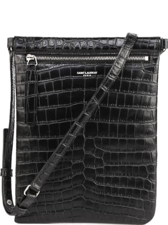 Saint Laurent Black Messenger Bag In Crocodile Printed Leather