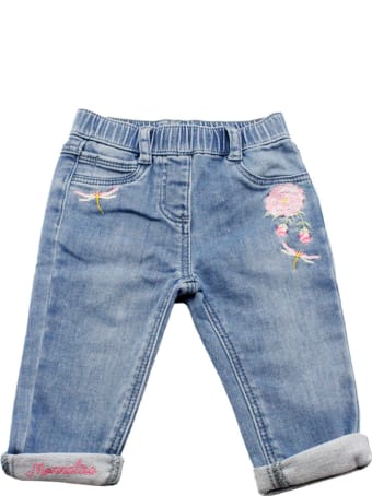 Monnalisa Jeans Trousers With Elastic Waistband And Rose Embroidery
