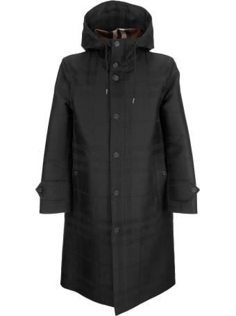Burberry Globe Graphic Detail Check Technical Cotton Coat Witham Black