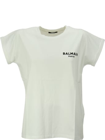 Balmain White Cotton T-shirt With Flocked Black Balmain Logo