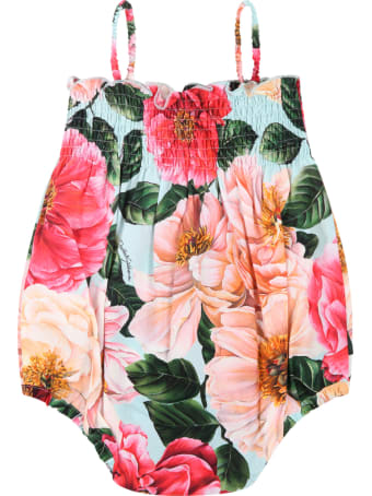 Dolce & Gabbana Light Blue Romper For Babygirl With Camellias
