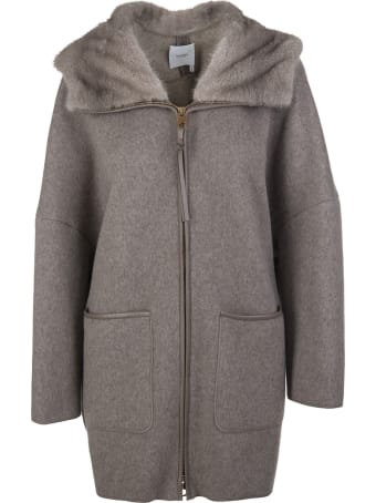 Agnona Woman Coat In Taupe Cashmere With Fur
