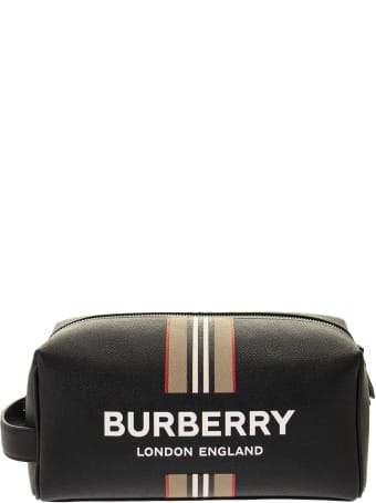 Burberry Washbag - Logo And Icon Stripe Print Leather Travel Pouch