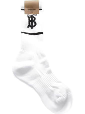 Burberry White And Black Blend Cotton Socks With Logo