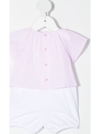 Il Gufo Pink And White Seersucker Romper With Flowers