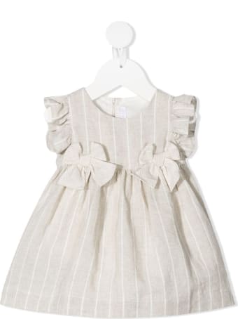 Il Gufo Newborn Beige Linen Striped Dress With Bows