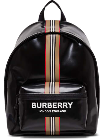 Burberry Backpack With Logo And Striped Motif In Glossy Coated Canvas