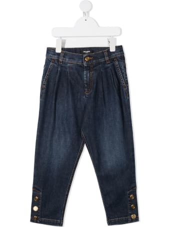 Balmain Kid Dark Blue Straight Jeans With Golden Buttons