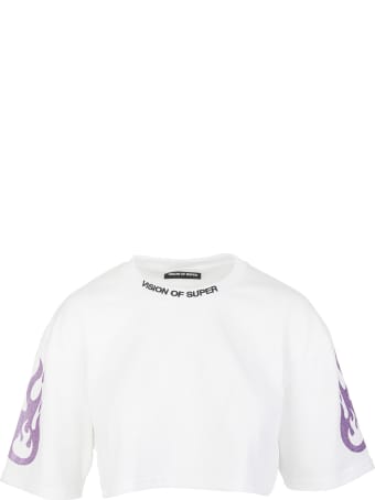 Vision of Super White Cropped Woman T-shirt With Glitter Purple Flame