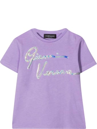 Young Versace Purple T-shirt With Frontal Silver Print
