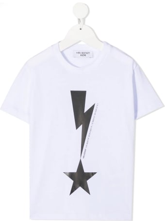 Neil Barrett Kid White T-shirt With Thunderbolt And Stable Print