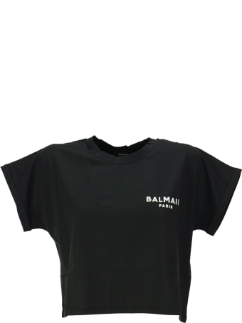 Balmain Cropped Black Cotton T-shirt With Flocked White Balmain Logo