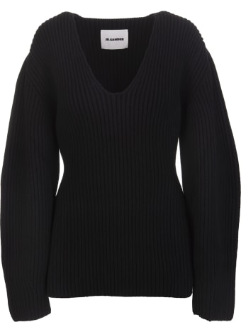 Jil Sander Woman Oversized Sweater In Black Ribbed Knit
