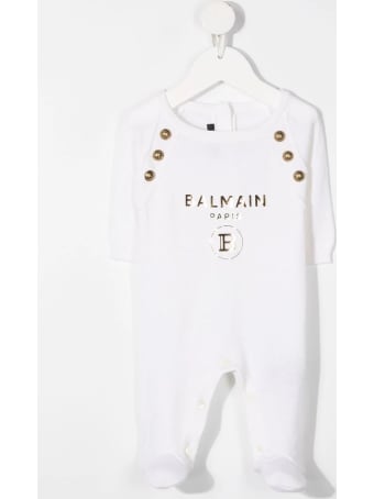 Balmain Newborn White Romper With Cap And Golden Logo