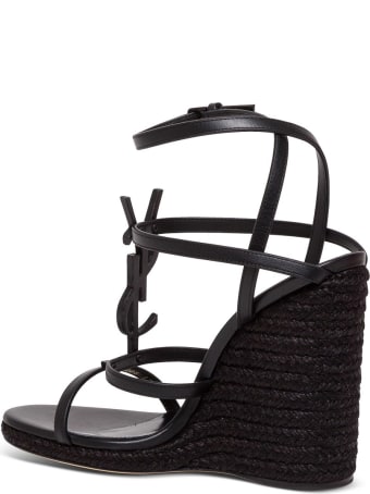 Saint Laurent Leather Clessandra Wedge Espadrilles With Logo