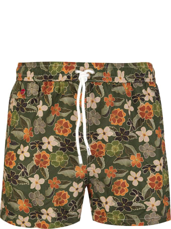 Kiton Military Green Swimsuit With Floral Fantasy