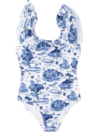 Monnalisa White And Blue One-piece Swimsuit