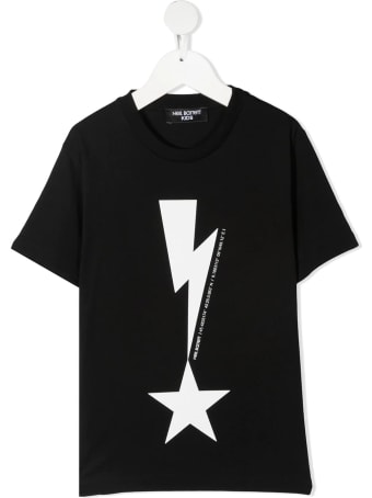 Neil Barrett Kid Black T-shirt With Thunderbolt And Stable Print