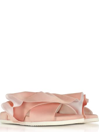 Joshua Sanders Pink Satin Ruffle Slide Sandals