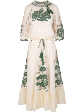 RED Valentino Ivory/green/beige Tassel-trim Embroidered Dress