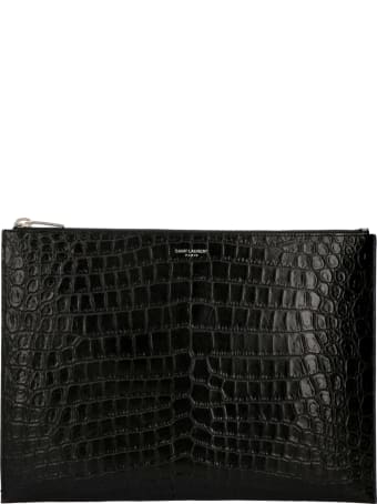 Saint Laurent Logo Detail Flat Leather Pouch