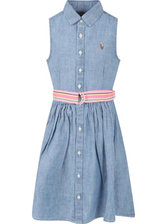 Ralph Lauren Light Blue Dress For Girl With Pony Logo