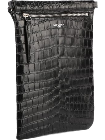 Saint Laurent Black Messenger Bag In Crocodile Printed Leather