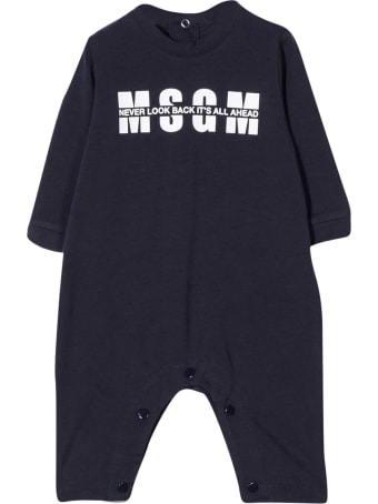 MSGM Blue Romper With Logo, Hat And Bib