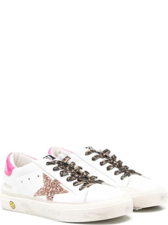 Golden Goose Kid White Super-star Sneakers With Pink Glitter Star And Leopard Laces