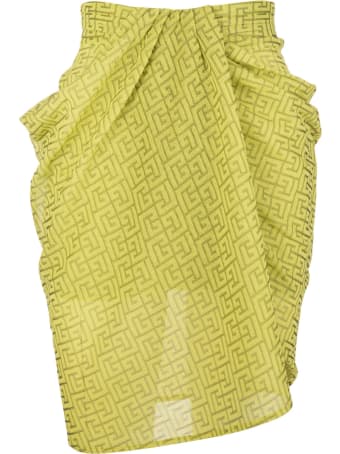 Balmain Lime Green Mini Skirt With Monogram And Draping
