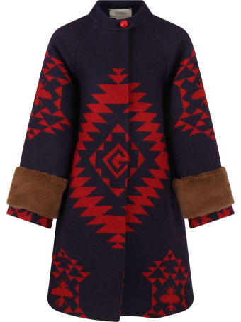 Gucci Blue Coat For Girl With Red Ethnic Designs