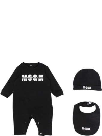 MSGM Black Romper With Logo, Hat And Bib
