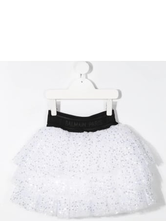 Balmain Kid White And Black Flounced Skirt With Sequins