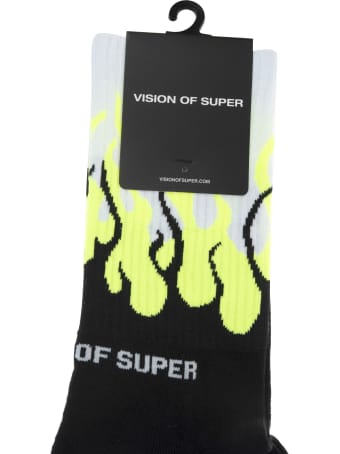 Vision of Super Black And Fluo Yellow Double Flames Socks