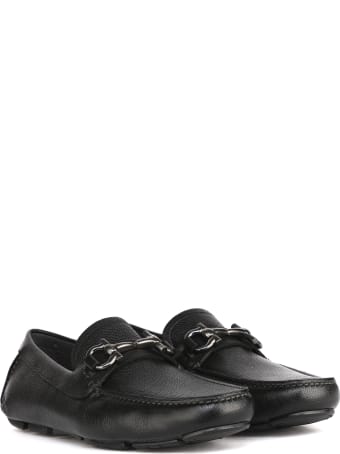 Salvatore Ferragamo Black Gancini Loafer In Hammered Leather