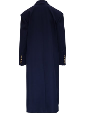 Balmain Long Double-breasted Blue Wool Coat