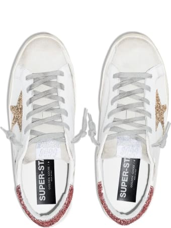 Golden Goose Woman White Super-star Sneakers With Pink And Gold Glitter Details