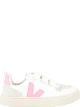 Veja White Sneakers For Girl With Pink Logo