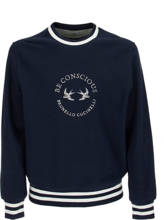 Brunello Cucinelli Comfort Cotton French Terry Sweatshirt With Striped Details And Embroidery